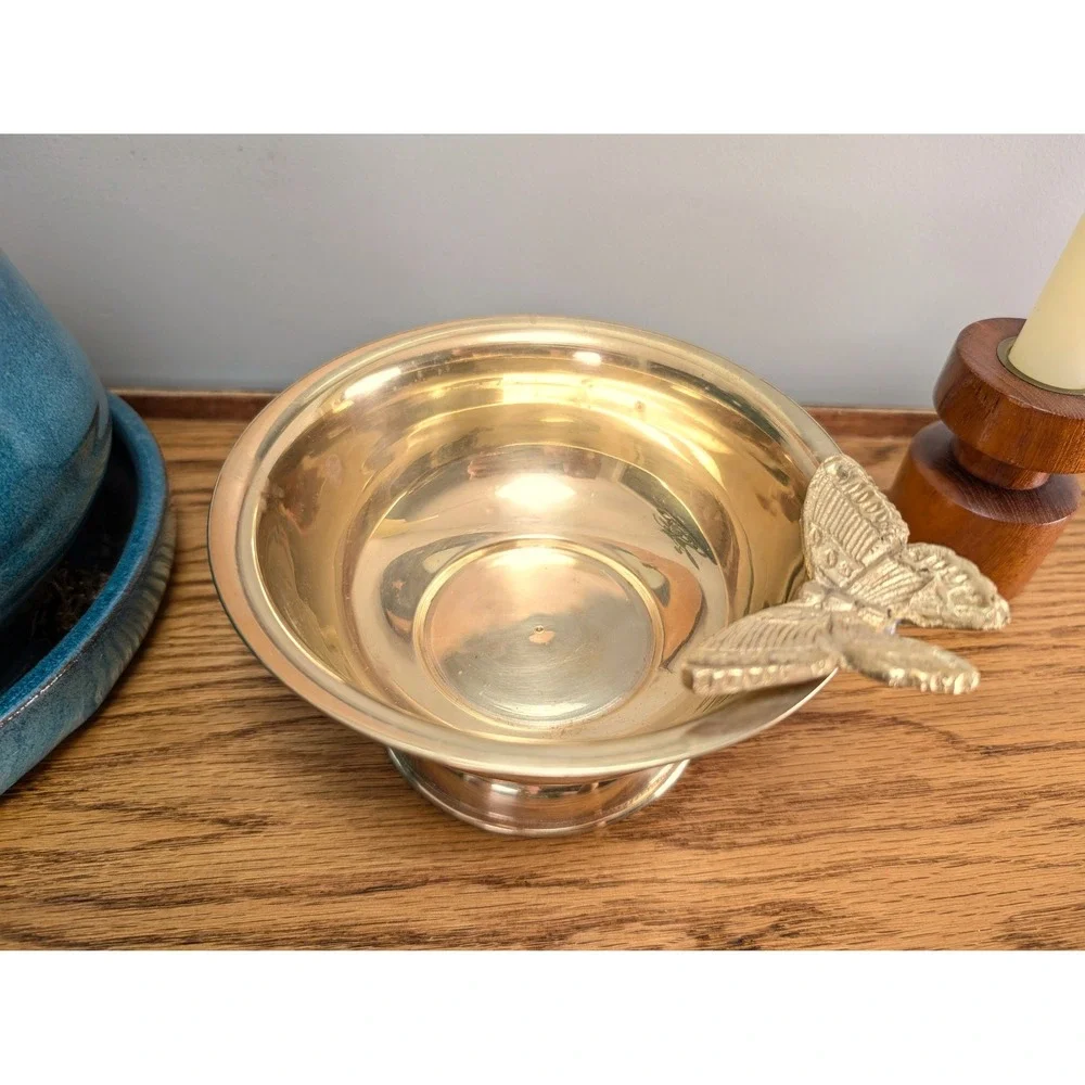 Vintage Butterfly Pedestal Bowl Solid Brass Hand Made in India Decorative Decor